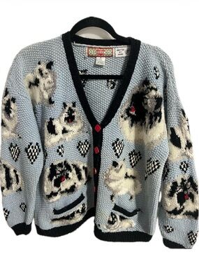 Cardigan Bay vintage hand knit dog pug design cardigan sweater blue black white